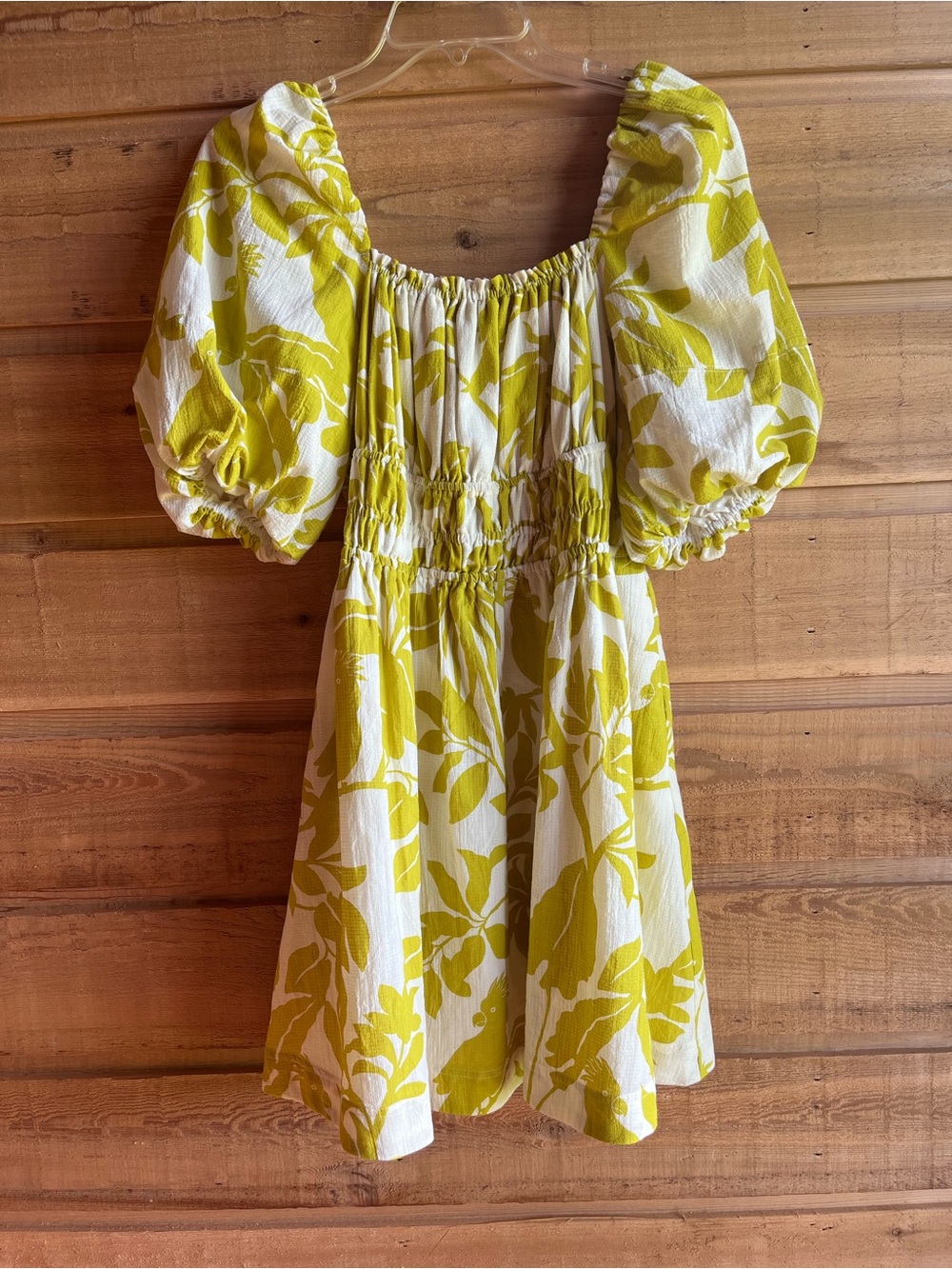 MAEVE - Puff Sleeve Smocked Open Back Sundress in Chartreuse Floral & Bird Print